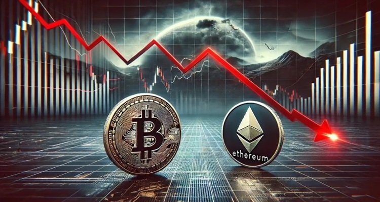 Monedas de bitcoin y ether paradas de canto delante de un rayo rojo que cae detrás.