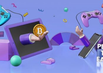 Monitor y mandos de consolas de juego flotando y una moneda bitcoin en una mano.