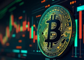 Una moneda bitcoin y gráficas de precio en el fondo.