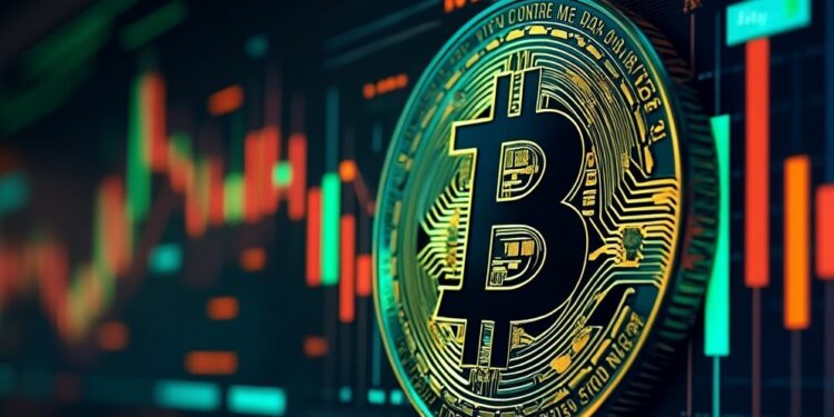 Una moneda bitcoin y gráficas de precio en el fondo.