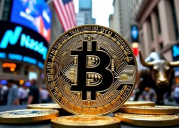 Un bitcoin en medio de Wall Street.