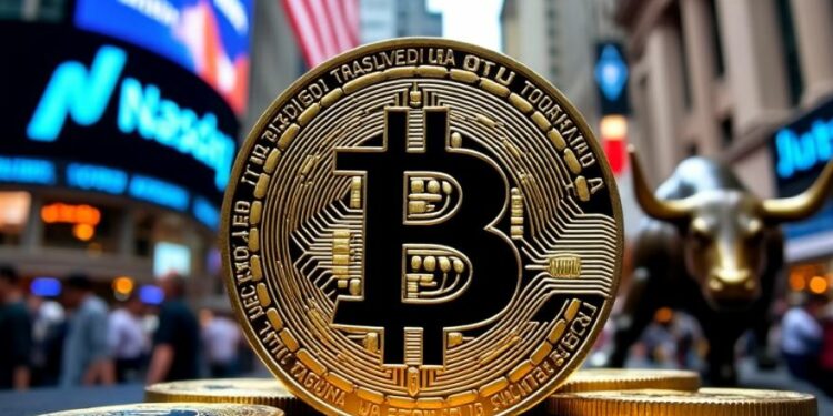 Un bitcoin en medio de Wall Street.