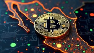 Una moneda de bitcoin sobre el mapa de Mรฉxico.
