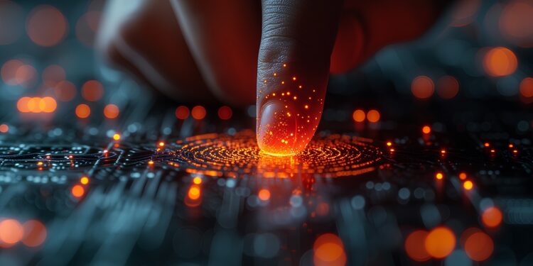 Pulgar presionando una pantalla con huella dactilar digital.