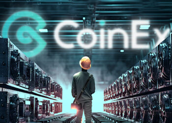 Granja de minería de criptomonedas con el logo de Coinex arriba.