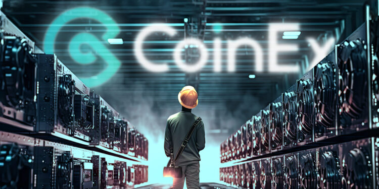 Granja de minería de criptomonedas con el logo de Coinex arriba.