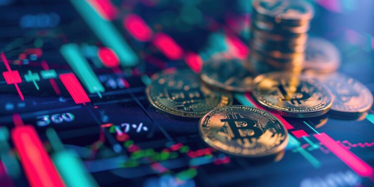 Pantalla con velas de trading junto con monedas de bitcoin apiladas.