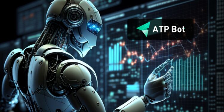Robot cibernetico frente a monitores de computadores y logo de ATPBot.