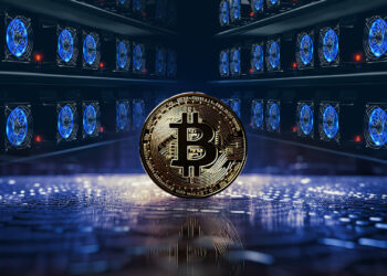 sala de racks de mineros de bitcoin con una moneda de bitcoin parada de canto al centro.