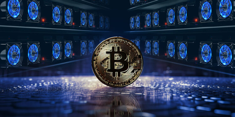 sala de racks de mineros de bitcoin con una moneda de bitcoin parada de canto al centro.