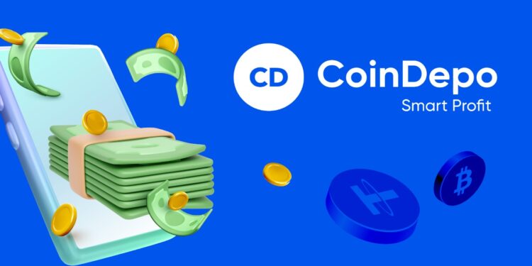 un fajo de billetes y varias criptomonedas flotando juanto al logo de CoinDepo.
