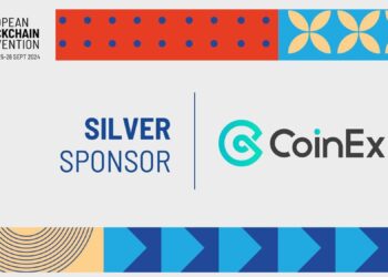 Pancarta promocional de la Convención Europea de Blockchain que patrocina CoinEx.