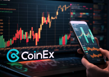Una mano masculina sosteniendo un teléfono celular frente a una pantalla de computadora y el logo de CoinEx al lado.