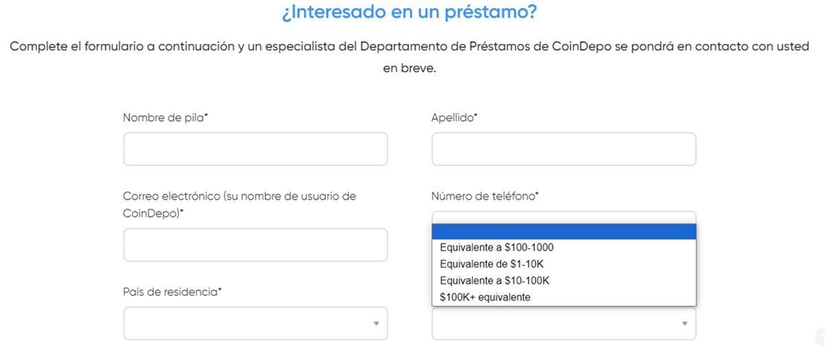 Planilla para registrarse si se esta interesado en un préstamo.
