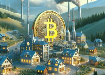 Ilustración de un pueblo junto a una empresa minera de Bitcoin creada con IA. Fuente: Microsoft Designer.