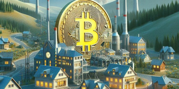 Ilustración de un pueblo junto a una empresa minera de Bitcoin creada con IA. Fuente: Microsoft Designer.