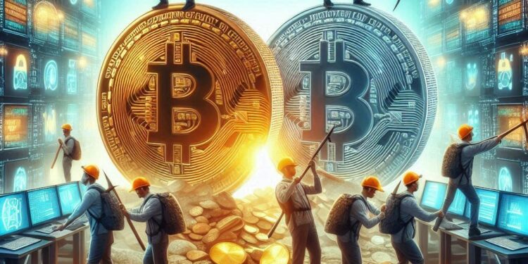 Mineros de Bitcoin se benefician de la minería fusionada. Fuente: IA de Microsoft Designer.