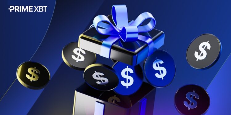 Caja de regalo con lazo azul y monedas con el símbolo $ alrededor.
