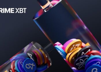 Envases transparentes llenos de criptomonedas y el logo de PrimeXBT.