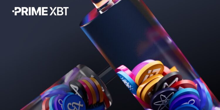 Envases transparentes llenos de criptomonedas y el logo de PrimeXBT.