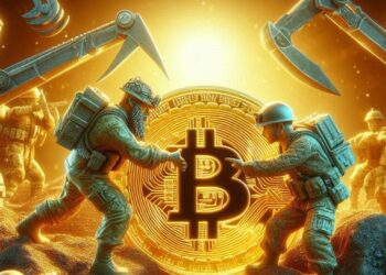 Un-yacimiento-minero-con-bitcoin-siendo-disputado-por-dos-bandos-de-guerra