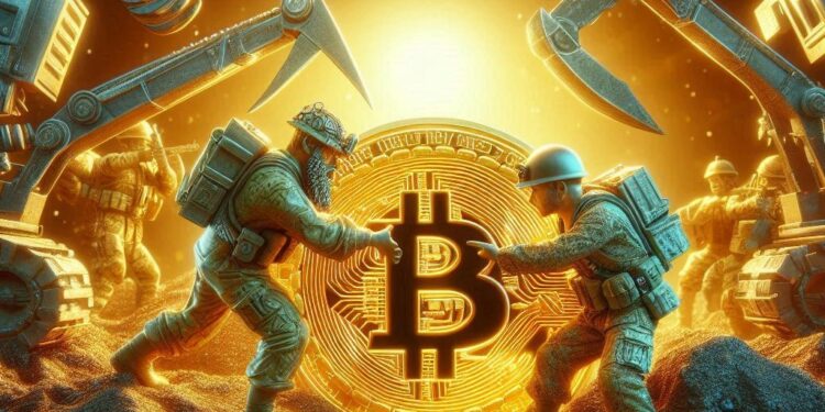 Un-yacimiento-minero-con-bitcoin-siendo-disputado-por-dos-bandos-de-guerra