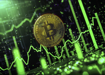 Moneda dorada de bitcoin flotando sobre un grafico de de barras y otro de línea.