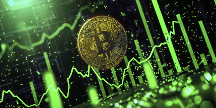 Moneda dorada de bitcoin flotando sobre un grafico de de barras y otro de línea.