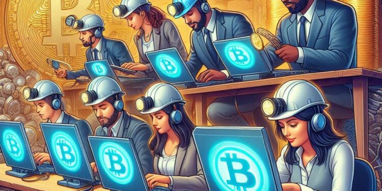 Mineros individuales de Bitcoin trabajando para conseguir su recompensa. Fuente: IA Microsoft Designer.