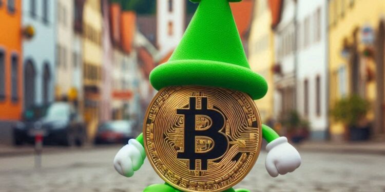 un bitcoin con un sombrero parecido a una flecha verde que apunta hacia arriba, caminando por la calle de algun pueblo aleman. Toma alejada.