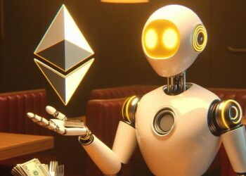 Un robot con el símbolo de Ethereum pagando la cuenta en un restaurante de una persona, estilo edward hooper
