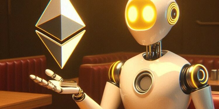 Un robot con el símbolo de Ethereum pagando la cuenta en un restaurante de una persona, estilo edward hooper