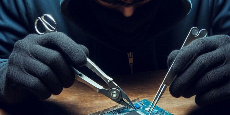 un atacante intentando vulnerar un microcontrolador con pinzas especiales
