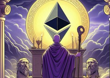 un augur frente a un altar con el símbolo de Ethereum, estilo griego