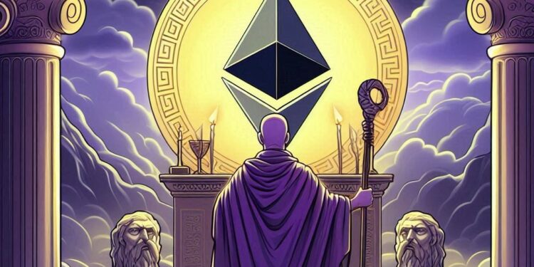 un augur frente a un altar con el símbolo de Ethereum, estilo griego
