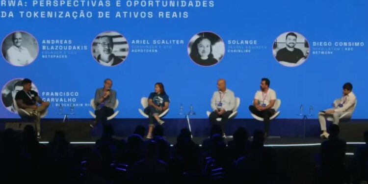 Francisco Carvalho, CEO de Blockchain Rio; Ariel Scaliter, cofundador de Agroken; Solange Gueiros, ingeniera de Chainlink; Andreas Blazoudakis, CEO de Netspaces; Diego Consimo, represente de XDC Network; y Valentin Jaremtchuk, fundador de Win Investment. Fuente: YouTube Ripio.