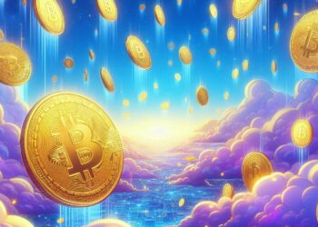 Imagen ilustrativa de un cielo con monedas de Bitcoin.