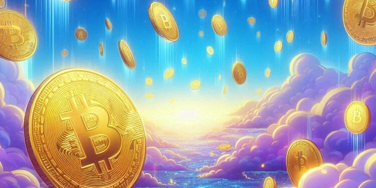 Imagen ilustrativa de un cielo con monedas de Bitcoin.