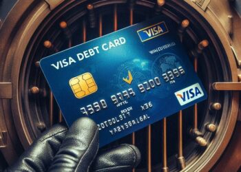 una tarjeta de débito VISA guardada dentro de una boveda bancaria de la que es dueño una sola persona, estilo noir europeo