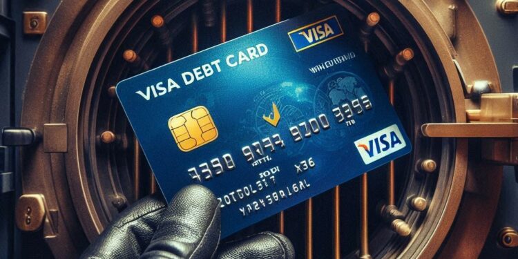una tarjeta de débito VISA guardada dentro de una boveda bancaria de la que es dueño una sola persona, estilo noir europeo