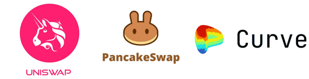 Logos de las DEX Uniswap, PancakeSwap y Curve.