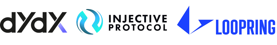 Logos de los DEX dYdX, Loopring o Injective protocol.