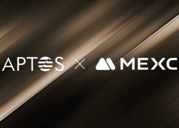 Logos del exchange de criptomonedas MEXC y de la blockchain Aptos.