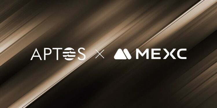 Logos del exchange de criptomonedas MEXC y de la blockchain Aptos.