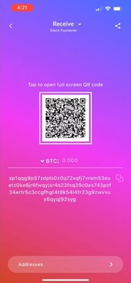 Interfaz de cake Wallet para pagos silenciosos en Bitcoin