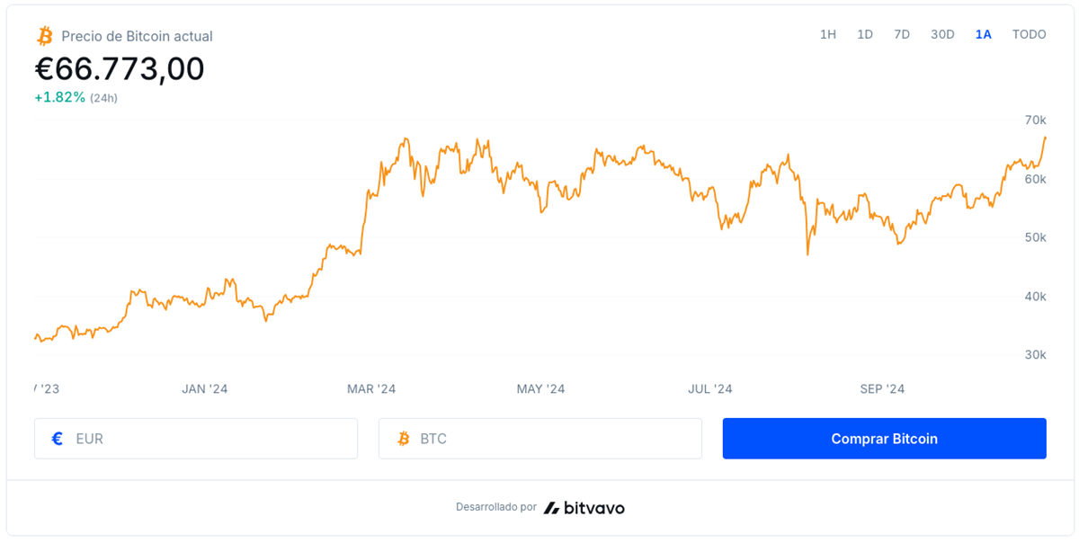 Bitcoin price chart over the course of a year.