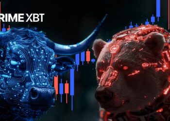 Un toro y un oso cibernético junto al logo de PrimeXBT.