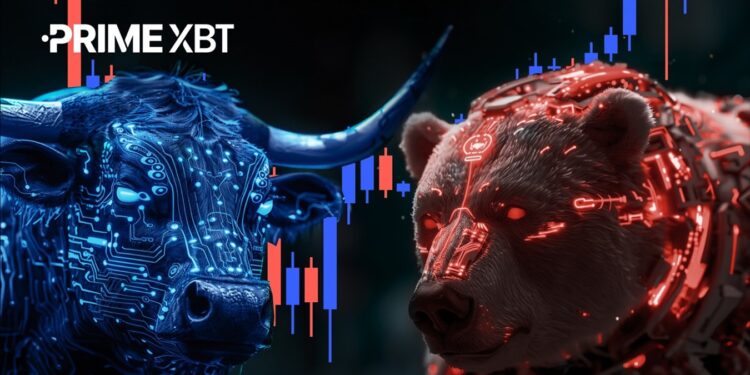 Un toro y un oso cibernético junto al logo de PrimeXBT.