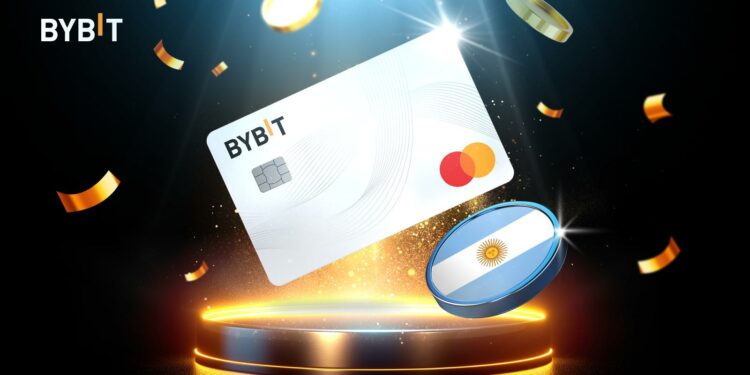 Tarjeta de debito MasterCard con el logo de Bybit y la bandera de Argentina.