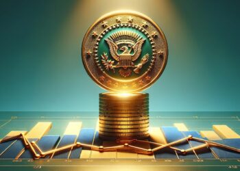 Escudo de la presidencia de Estados unidos sobre una pila de monedas.